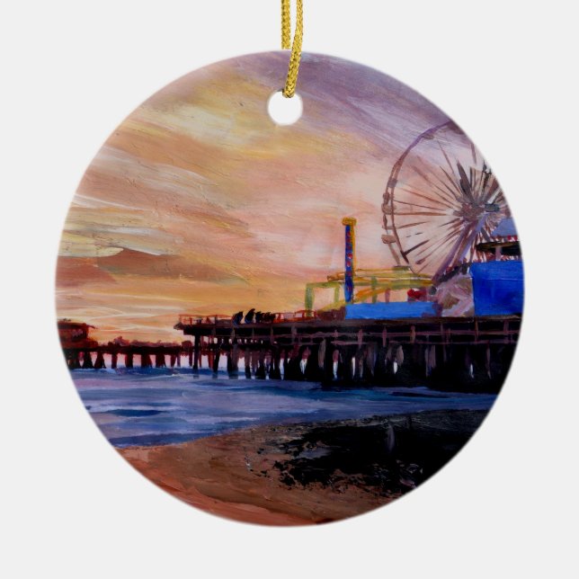 Santa Monica Pier At Sunset Ceramic Ornament (Front)