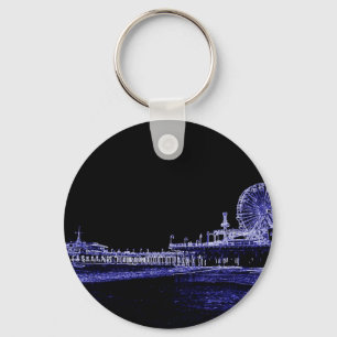 Santa Monica Pier Blue Neon Night Photo Edit Key Ring