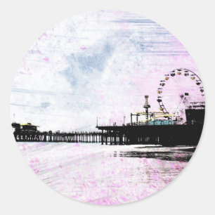 Santa Monica Pier Pink Grunge Classic Round Sticker