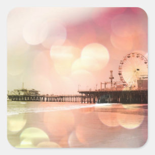 Santa Monica Pier - Sparkling Pink Photo Edit Square Sticker
