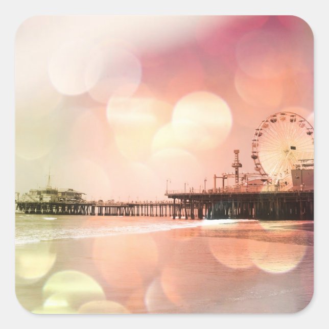 Santa Monica Pier - Sparkling Pink Photo Edit Square Sticker (Front)
