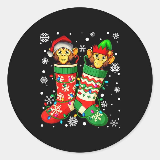 Santa Monkey Animal In Christmas Socks Men Women  Classic Round Sticker (Front)