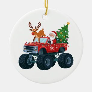 Santa Monster Truck Reindeer Christmas Tree Xmas Ceramic Ornament