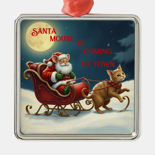 Santa Mouse Coming To Town Metal Ornament (Front)