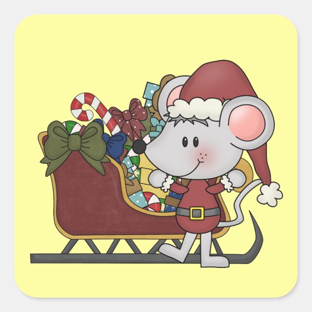 Santa Mouse With Sled Square Sticker (Front)