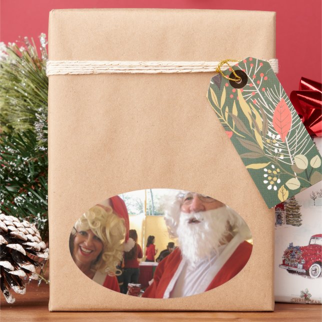 Santa & Mrs. Claus Christmas Celebration – Festive Oval Sticker (Holiday)