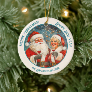 Santa Mrs Claus Christmas New Years Ceramic Ornament