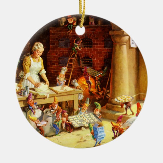 Santa & Mrs. Claus & the Elves Bake Cookies Ceramic Tree Decoration (Front)