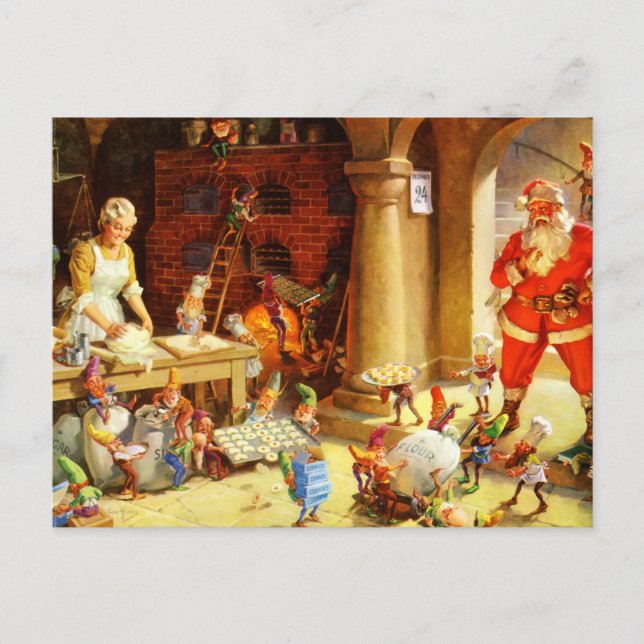Santa & Mrs. Claus & the Elves Bake Cookies Holiday Postcard (Front)