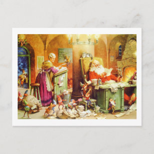 Santa & Mrs. Claus & the Elves Check His List Holiday Postcard