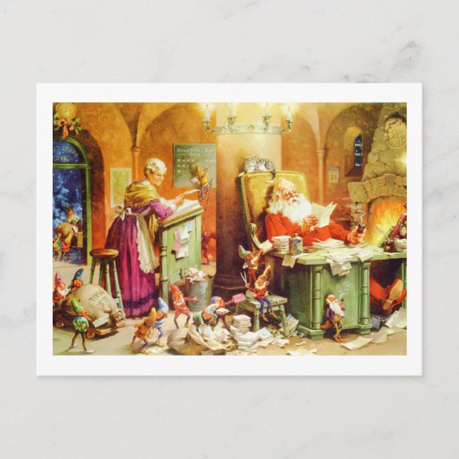 Santa & Mrs. Claus & the Elves Check His List Holiday Postcard (Front)