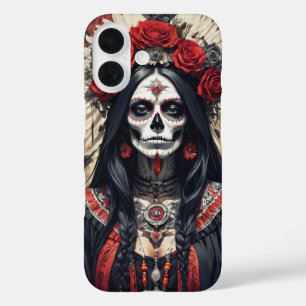 Santa Muerte adorned with red flowers cover