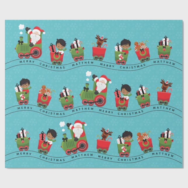 Santa & Multicultural Boy on Train Wrapping Paper (Flat)