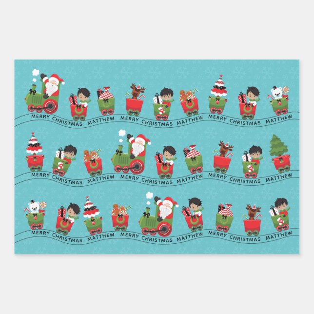 Santa & Multicultural Boy on Train Wrapping Paper Sheet (Front)