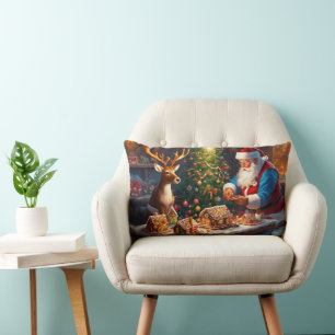 Santa N Reindeer make gingerbread house Christmas Lumbar Cushion