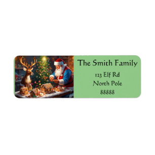 Santa N Reindeer make gingerbread house Christmas Return Address Label