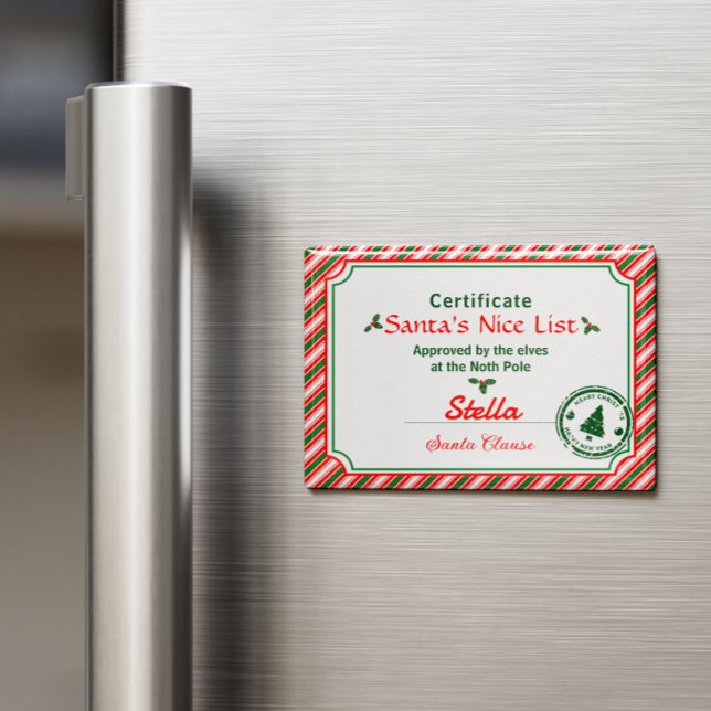 Santa Nice List Christmas Certificate Candy Cane Magnet (Santa Certificate Magnet)