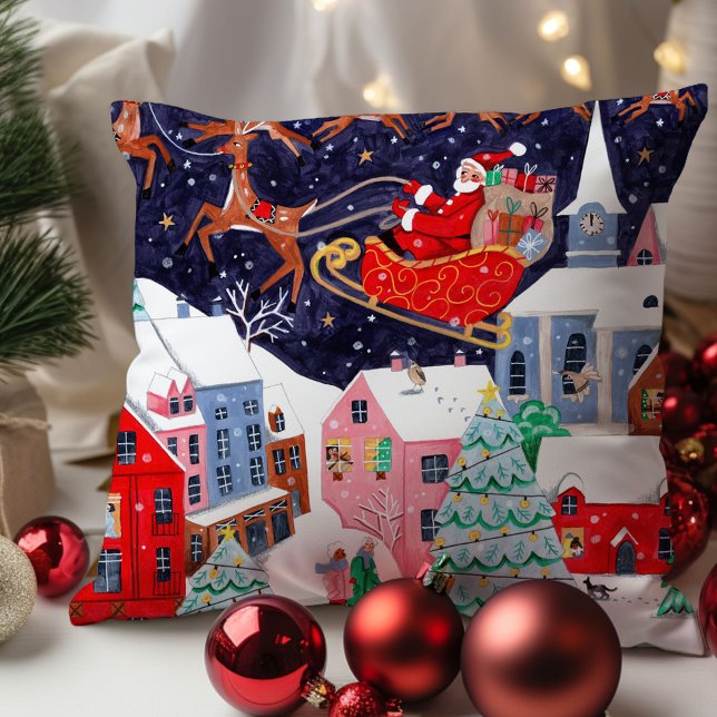 Santa Night before Christmas Nordic Village Cushion (Santa Night before Christmas Nordic Village Throw Pillow
)