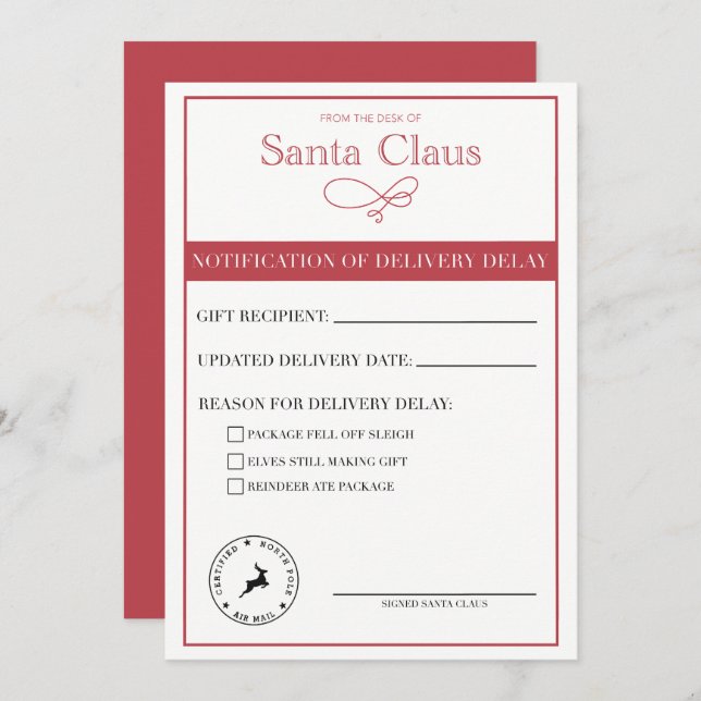 Santa Notification Of Delivery Delay Blank Holiday Card (Front/Back)