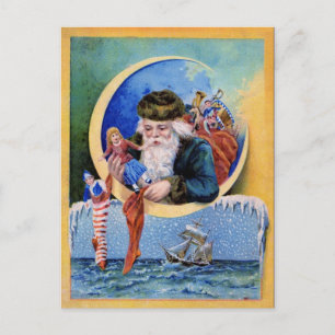 SANTA OF THE SAILORS,MOON,CHRISTMAS SOCKS AND TOYS HOLIDAY POSTCARD