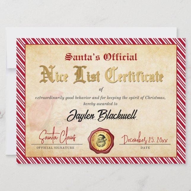 Santa Official Nice List Certificate Holiday Card (Front)