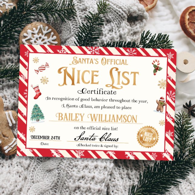 Santa Official Nice List Certificate Invitation (Official Nice List Certificate Santa Claus North Pole letter instant download printable)