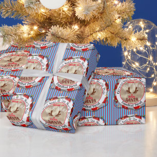 Santa Official Seal Rudolph on Blue & Red Stripes Wrapping Paper