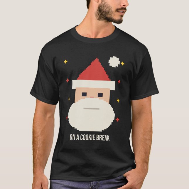 Santa on a Cookie Break Funny Pixel Christmas Tee (Front)