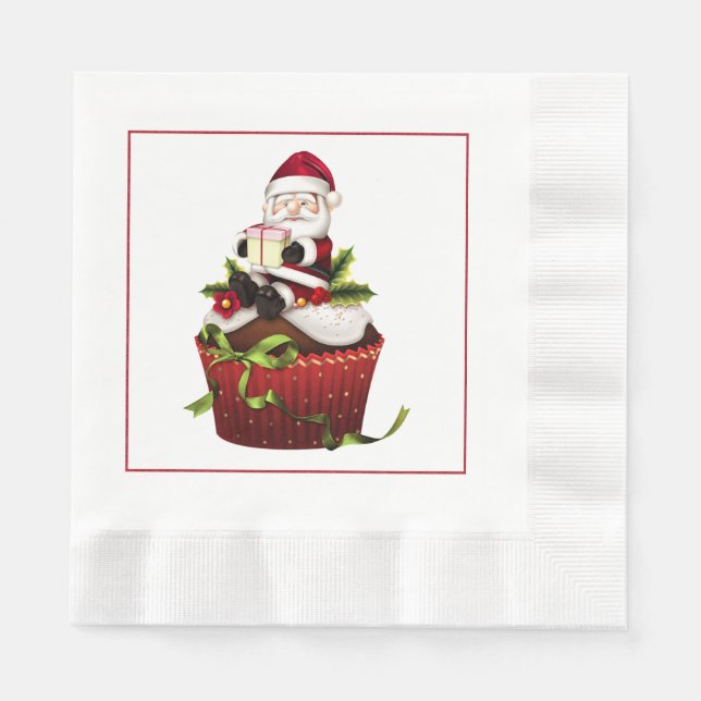 Santa on a Cupcake Christmas Paper Napkins (Front)