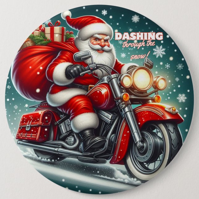Santa on a motorcycle 6 cm round badge (Front)