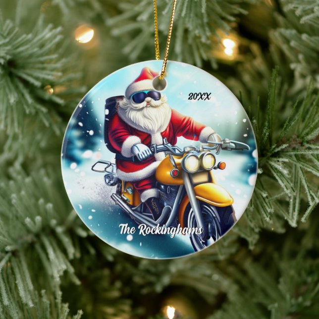 Santa on a Motorcycle in the Snow Ceramic Ornament (Tree)