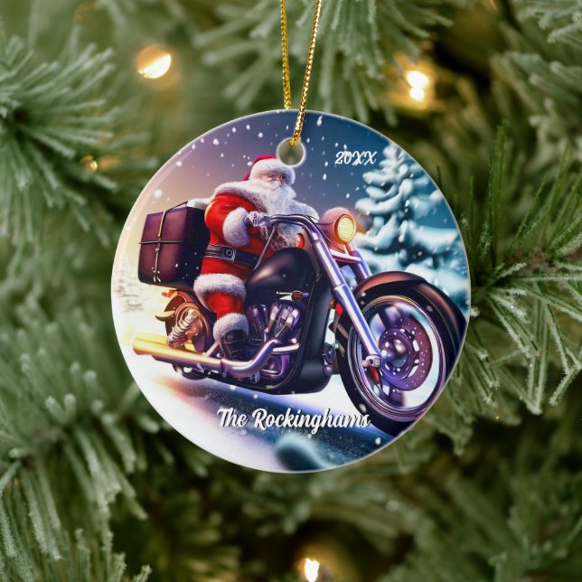 Santa on a Motorcycle in the Snow Ceramic Ornament (Tree)