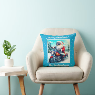 Santa on a Motorcycle in the Snow Cushion