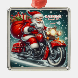 Santa on a motorcycle metal ornament