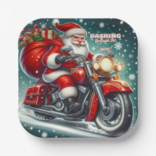 Santa on a motorcycle paper plate