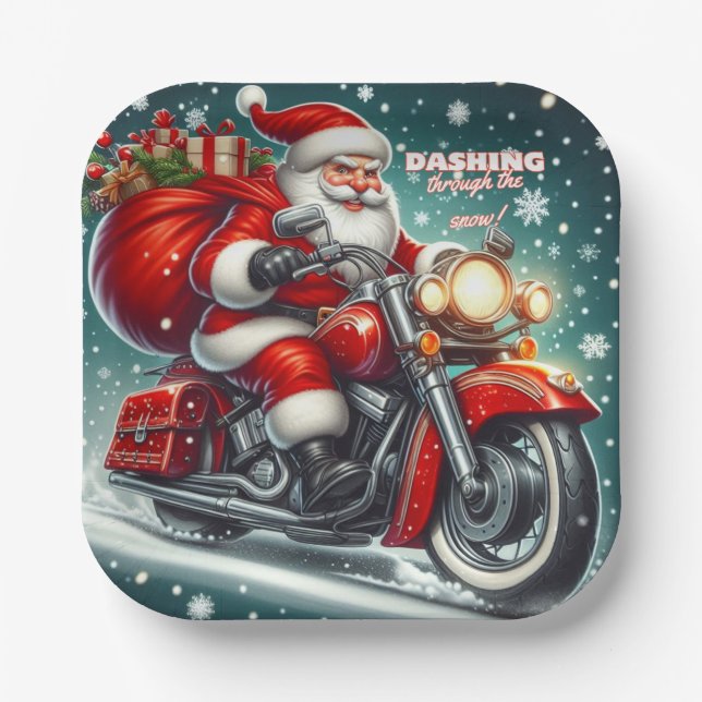 Santa on a motorcycle paper plate (Front)