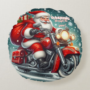 Santa on a motorcycle round cushion