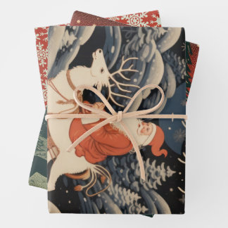 SANTA ON A REINDEER TRADITIONAL GIFT TAG WRAPPING PAPER SHEET
