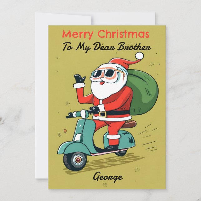 Santa on a Scooter With Sunglasses and X-Mas Gifts Holiday Card (Front)