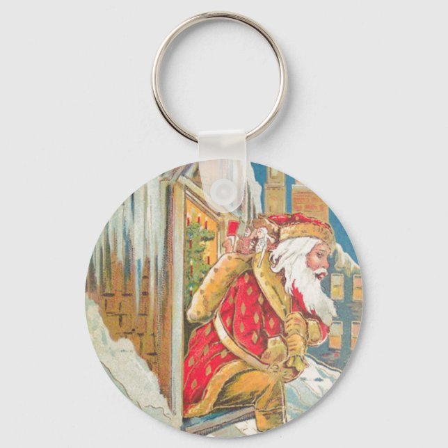 Santa on a Snowy Roof Key Ring (Front)