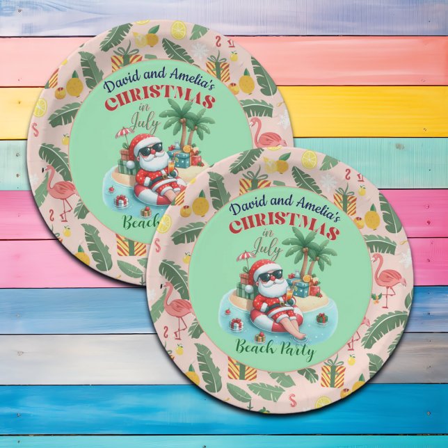 Santa on a Tropical Island Christmas in July Party Paper Plate (Creator Uploaded)