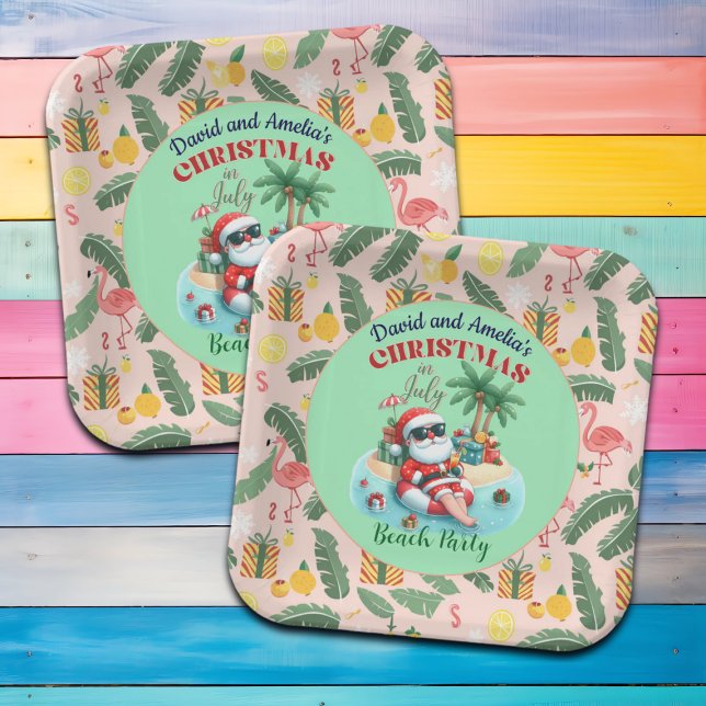 Santa on a Tropical Island Christmas in July Party Paper Plate (Creator Uploaded)