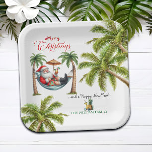 Santa on a Tropical Island Christmas Paper Plate