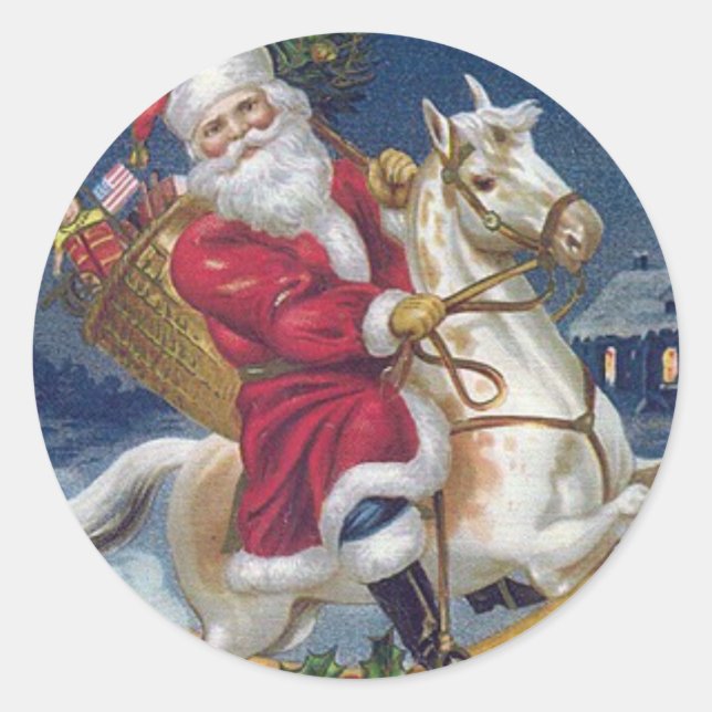 Santa On A White Horse Classic Round Sticker (Front)