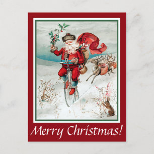 Santa on Bicycle with Rabbit and Reindeer Postcard