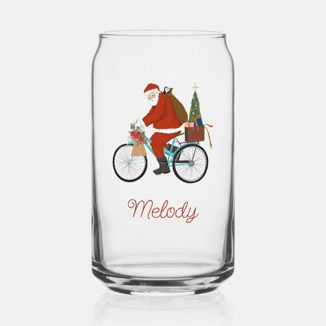 Santa On Bike Kids Personalised Milk Christmas  Can Glass (Front)