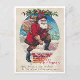 Santa on Chimney Vintage Happy Christmas Postcard