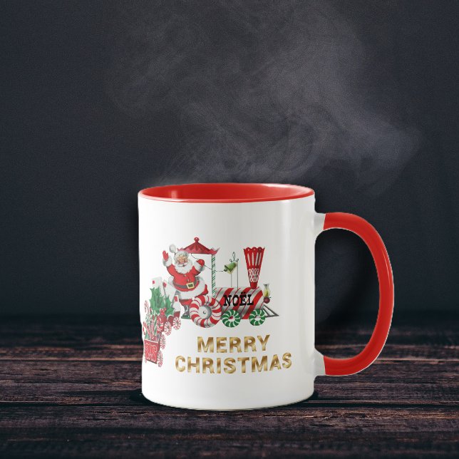 Santa on Christmas Candy Red Train With Letters Mug (Santa riding red white train with candy canes, letters to Santa on Merry Christmas coffee mug.)