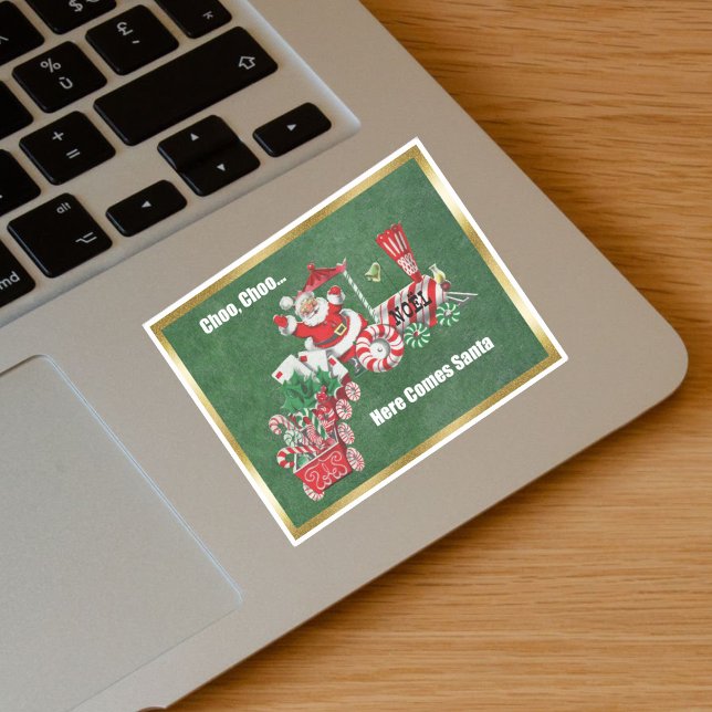 Santa on Christmas Train Candy Canes Gold Border (Santa Riding Christmas Train Candy canes, letters on green with gold border vinyl sticker.)