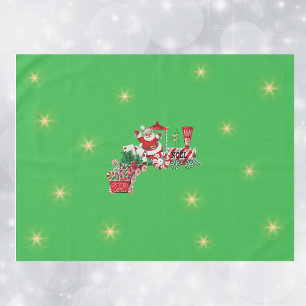 Santa on Christmas Train Candy Canes Stars Green Tablecloth